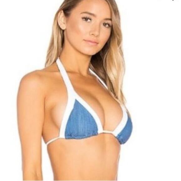 Seafolly | Block Party Slide Triangle Bikini Top Denim Blue White US 6 - Picture 1 of 6